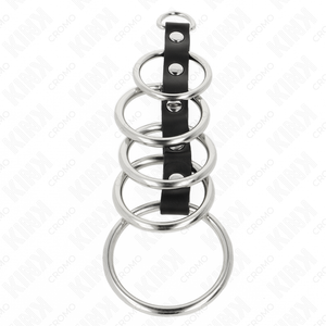 Kink – 5 anneaux pénis en métal de 3,2 cm à 5 cm connectés par du cuir