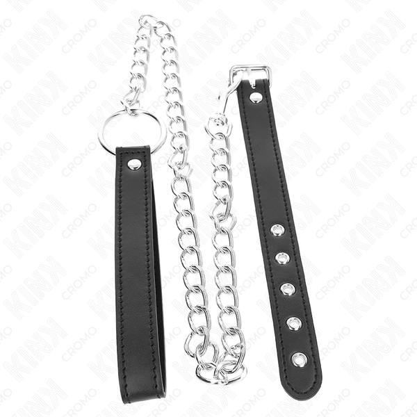 Kink – Anneau pénis en cuir 21,5 x 2 cm avec chaîne en métal de 60 cm et sangle en cuir