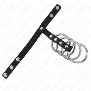 Kink – 4 anneaux pénis en métal 3,8 cm connectés avec sangle en cuir 22 x 1,5 cm et fermeture à pression