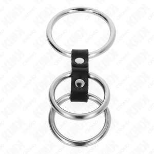 Kink – Anneau pénis triple métal 3,7 cm à 5 cm connecté au cuir