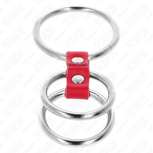Kink – Anneau pénis triple métal 3,7 cm à 5 cm connecté avec du cuir rouge