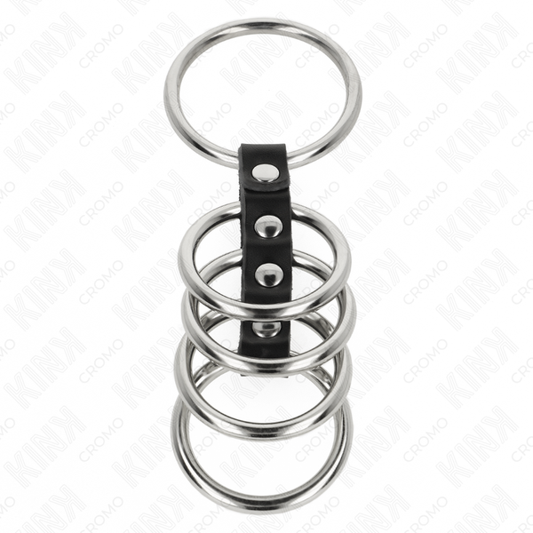 Kink – 5 anneaux pénis de 3,7 cm à 5 cm en métal relies par du cuir