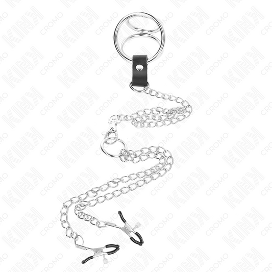 KINK - ANILLO PENE TRIPLE METAL CROMADO 3.8 CM TO 5 CM CON CADENA METAL 26 CM Y PINZAS PARA PEZONES MODELO 1