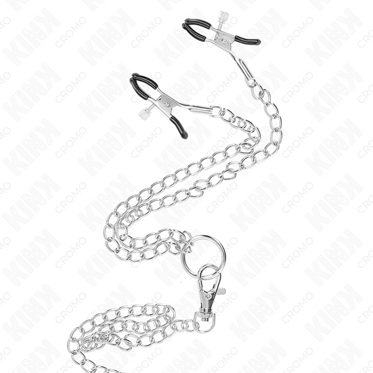 KINK - ANILLO PENE TRIPLE METAL CROMADO 3 CM TO 4.5 CM CON CADENA METAL 26 CM Y PINZAS PARA PEZONES