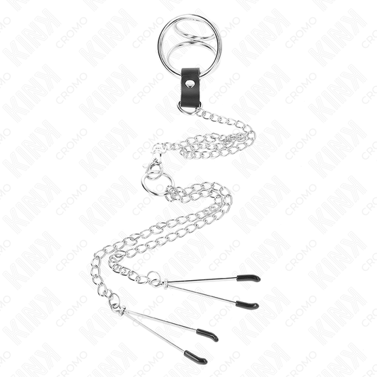 KINK - ANILLO PENE TRIPLE METAL CROMADO 3.8 CM TO 5 CM CADENA METAL 26 CM Y PINZAS PARA PEZONES MODELO 2