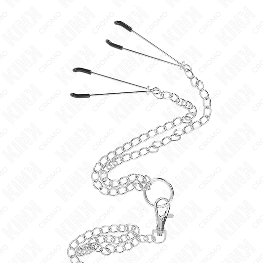 KINK - ANILLO PENE TRIPLE METAL CROMADO 3.8 CM TO 5 CM CADENA METAL 26 CM Y PINZAS PARA PEZONES MODELO 2