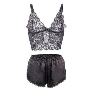 Subblime – 953911 chemisier de nuit en soie et dentelle + culotte noire S/M