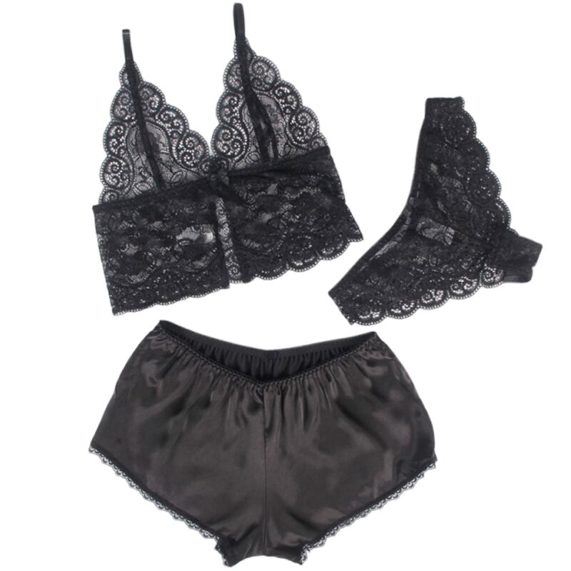 Subblime – 953911 chemisier de nuit en soie et dentelle + culotte noire S/M