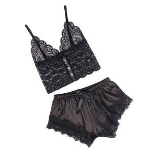 Subblime – 953935 chemise de nuit décontractée en soie + pantalon en dentelle noir S/M