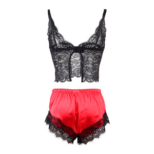Subblime – 953959 chemise de nuit décontractée en soie + pantalon en dentelle noir/rouge S/M