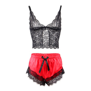 Subblime – 953966 chemise de nuit décontractée en soie + pantalon en dentelle noir/rouge L/XL