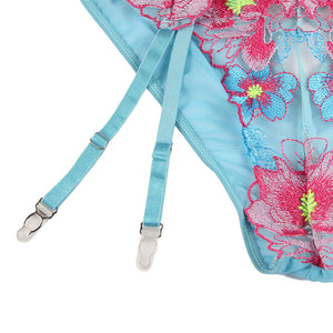 Subblime – 954109 soutien-gorge + culotte avec porte-jarretelles motif floral bleu S/M