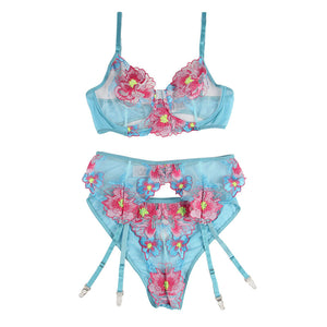 Subblime – 954109 soutien-gorge + culotte avec porte-jarretelles motif floral bleu S/M