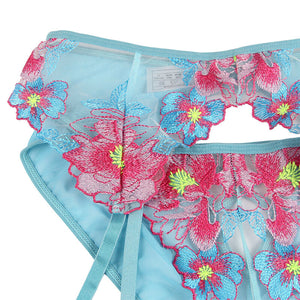 Subblime – 954116 soutien-gorge + culotte avec porte-jarretelles motif floral bleu L/XL