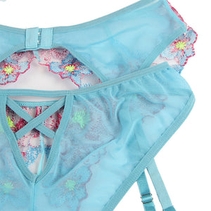 Subblime – 954116 soutien-gorge + culotte avec porte-jarretelles motif floral bleu L/XL