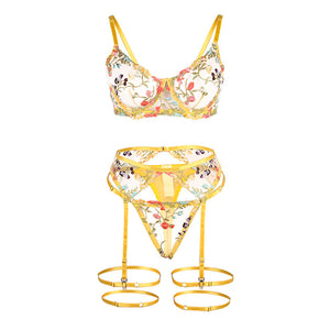 Subblime – 954345 soutien-gorge + string + porte-jarretelles motif floral jaune S/M