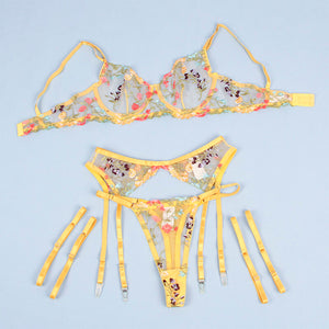Subblime – 954345 soutien-gorge + string + porte-jarretelles motif floral jaune S/M
