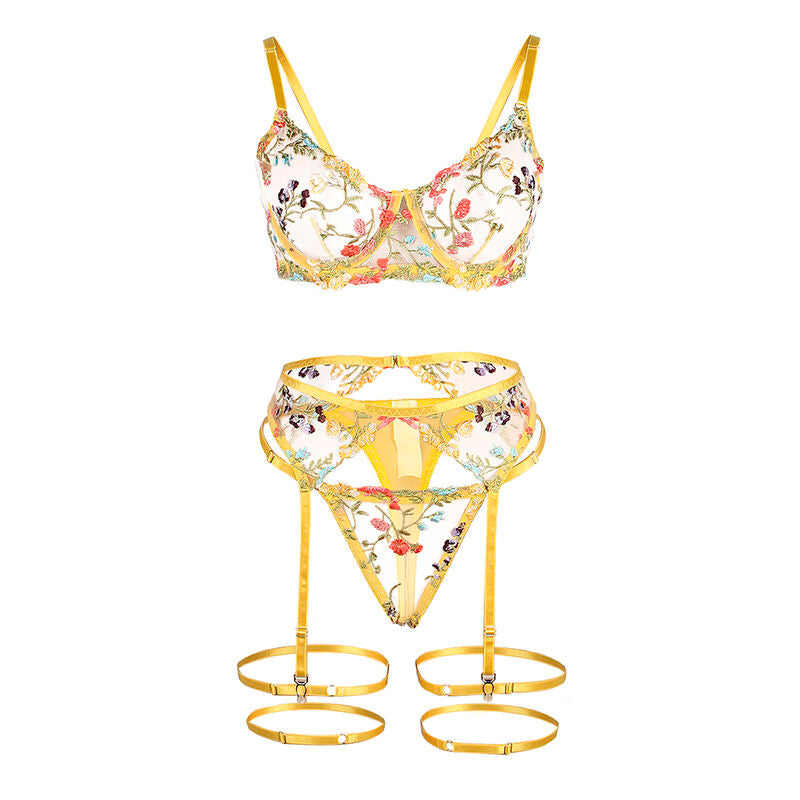 Subblime – 954352 soutien-gorge + string + porte-jarretelles motif floral jaune L/XL