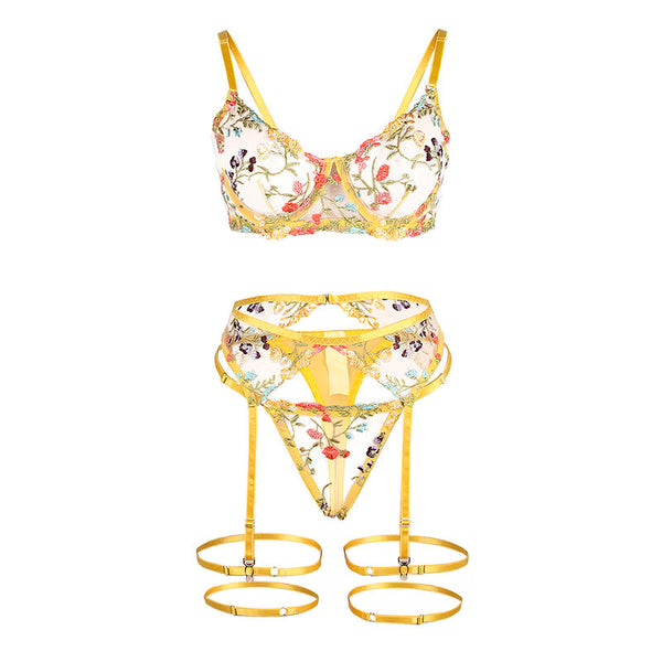 Subblime – 954352 soutien-gorge + string + porte-jarretelles motif floral jaune L/XL