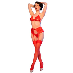 Chilirose – Cr 4848 ensemble soutien-gorge + string + bas en dentelle rouge