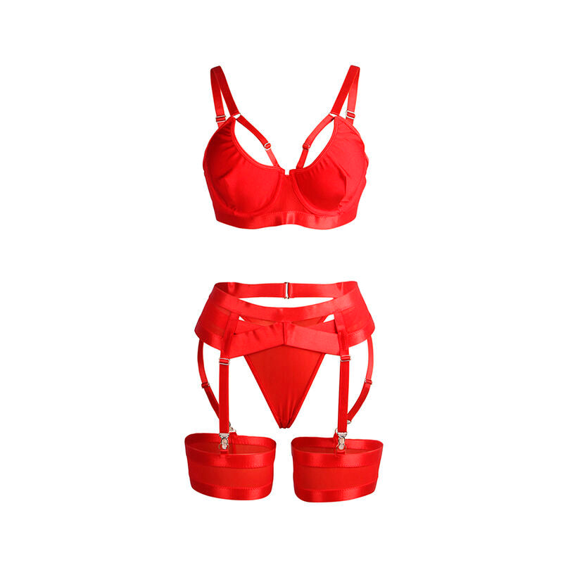 SUBBLIME - 955250 ENSEMBLE SOUTIEN-GORGE BONDAGE ROUGE AVEC JARRETELLES S/M