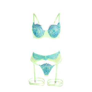 Subblime – 955311 ensemble soutien-gorge avec lignes dentelle et jarretelle vert et bleu S/M