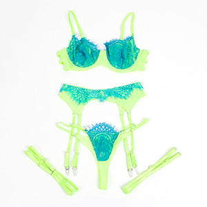Subblime – 955311 ensemble soutien-gorge avec lignes dentelle et jarretelle vert et bleu S/M