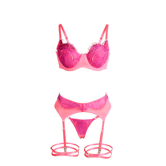 SUBBLIME - 955359 ENSEMBLE SOUTIEN-GORGE AVEC DENTELLE ET LIENS JARRETELLES ROSE ET VIOLET S/M