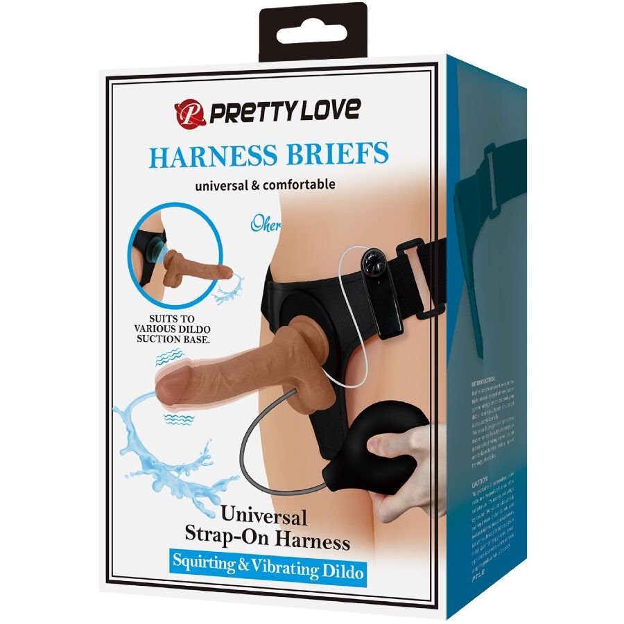 PRETTY LOVE - HARNESS BRIEFS UNIVERSAL WITH DILDO VIBRACIÓN Y SQUIRTING 15.5 CM MULATO