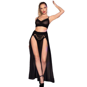 Chilirose – Cr 4672 jupe top noire et string avec chaînes doré
