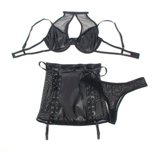 SUBBLIME - 957582 ENSEMBLE SOUTIEN-GORGE ET JUPE EN CUIR NOIR S/M