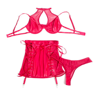 SUBBLIME - 957612 ENSEMBLE SOUTIEN-GORGE ET JUPE EN CUIR ROUGE L/XL