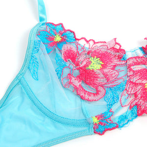 SUBBLIME - 957650 ENSEMBLE SOUTIEN-GORGE ET PORTE-JARRETELLES BRODÉ FLEURS ROSE L/XL