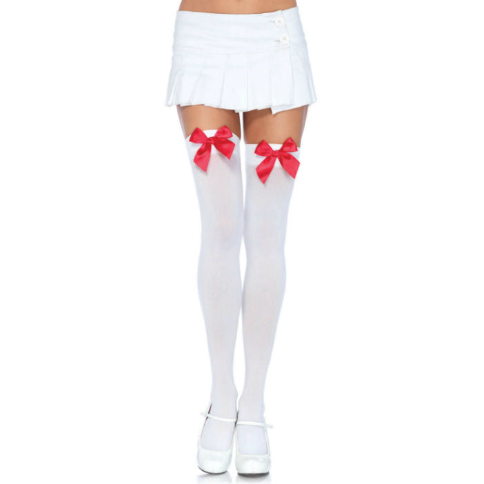 Leg Avenue – Cuisses hautes en nylon avec noeud blanc / rouge
