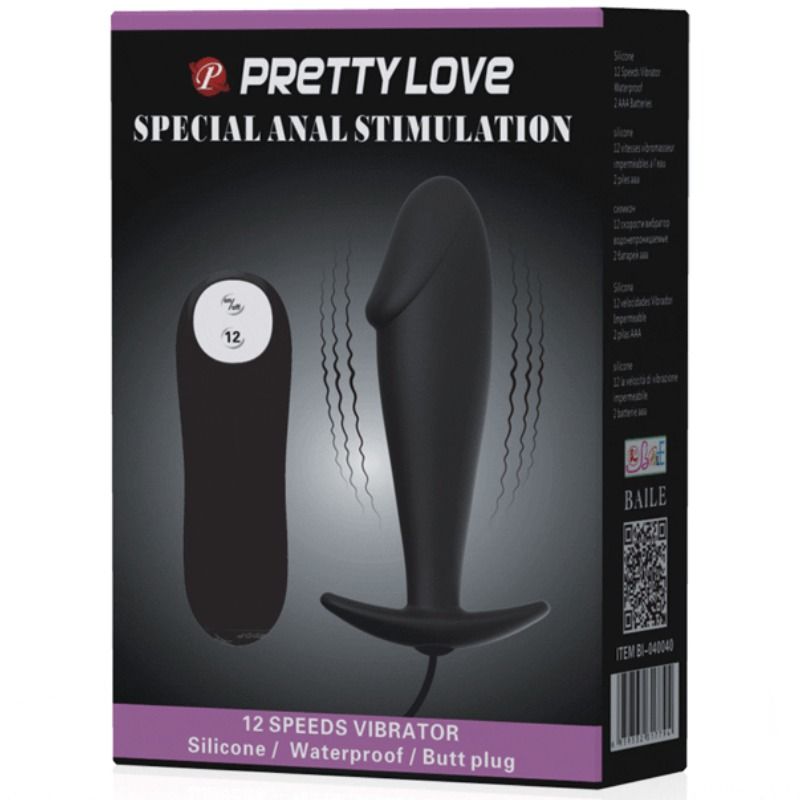 PRETTY LOVE - PLUG ANAL SILICONE FORMA PENE Y 12 MODOS VIBRACIÓN NEGRO