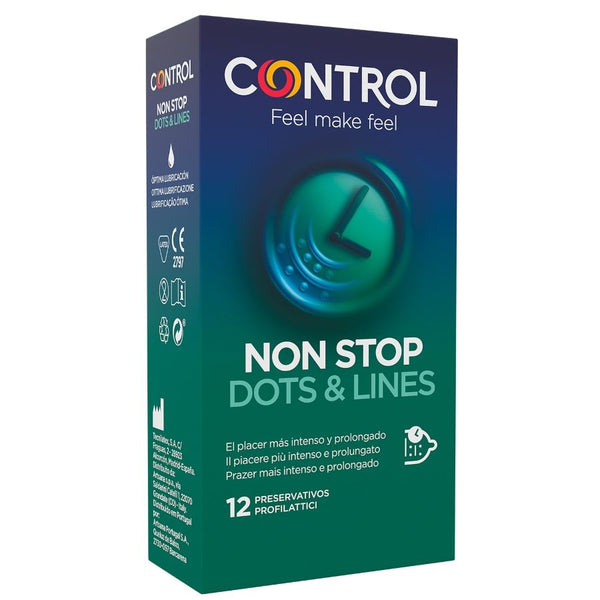 Control – Nonstop Dots & Lines, geribbelde condooms met delay-effect (doos van 12)