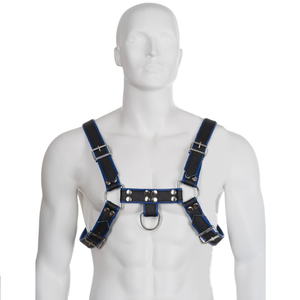Leather Body – Harnais en cuir bleu et noir poitrine bulldog