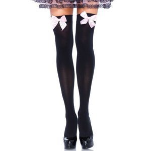 Leg Avenue – Cuisses hautes en nylon noir avec noeud rose taille unique